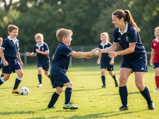 Un garçon de 8 ans apprend les bases du rugby avec une entraîneuse sur un terrain de gazon, entouré de jeunes coéquipiers dans une ambiance accueillante.