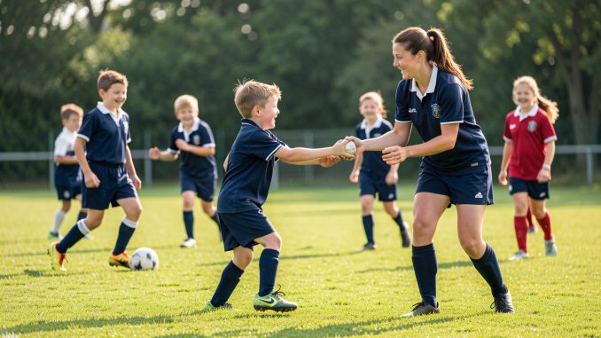 premiere_seance_rugby_enfant_8_ans-j2xisd-0cqeru Un garçon de 8 ans apprend les bases du rugby avec une entraîneuse sur un terrain de gazon, entouré de jeunes coéquipiers dans une ambiance accueillante.