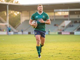 Un joueur de rugby reprend progressivement l'entraînement en courant sur un terrain verdoyant avec un ballon ovale.