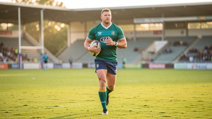 Un joueur de rugby reprend progressivement l'entraînement en courant sur un terrain verdoyant avec un ballon ovale.