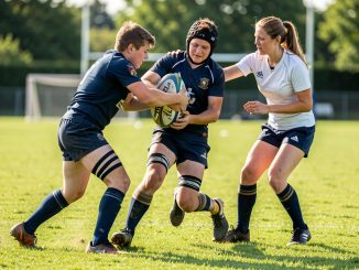 Deux adolescents en équipement de rugby s’entraînent à une technique de plaquage contrôlé sous la supervision attentive d’une entraîneuse sur un terrain verdoyant.