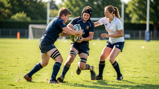 Deux adolescents en équipement de rugby s’entraînent à une technique de plaquage contrôlé sous la supervision attentive d’une entraîneuse sur un terrain verdoyant.
