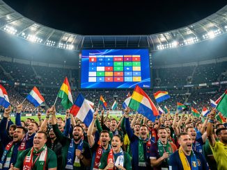 Supporters hommes et femmes agitant des drapeaux nationaux dans un stade de football européen illuminé la nuit, avec un grand écran lumineux aux formes abstraites.