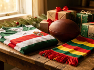 Cadeaux de Noël disposés sur une table en bois avec un maillot de rugby, un ballon ovale et une écharpe de supporter colorée.