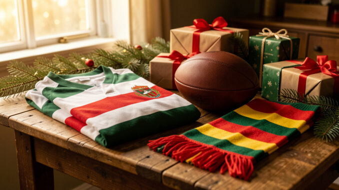Cadeaux de Noël disposés sur une table en bois avec un maillot de rugby, un ballon ovale et une écharpe de supporter colorée.