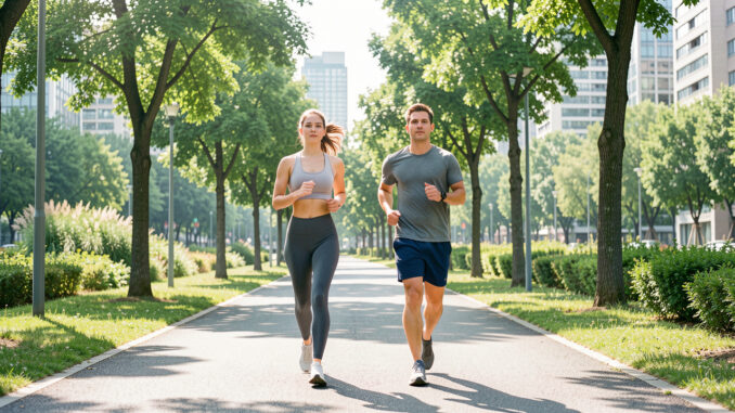 debutants_marche_active_parc_urbain-1q6jn8-1ooxpp Une femme et un homme débutants marchent d’un pas actif dans un parc urbain lumineux, vêtus de tenues de sport simples.