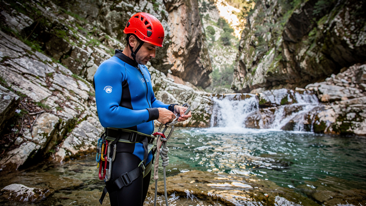 Guide de canyoning vérifiant son baudrier et une corde de rappel au bord d’une cascade rocheuse en Corse-du-Sud.